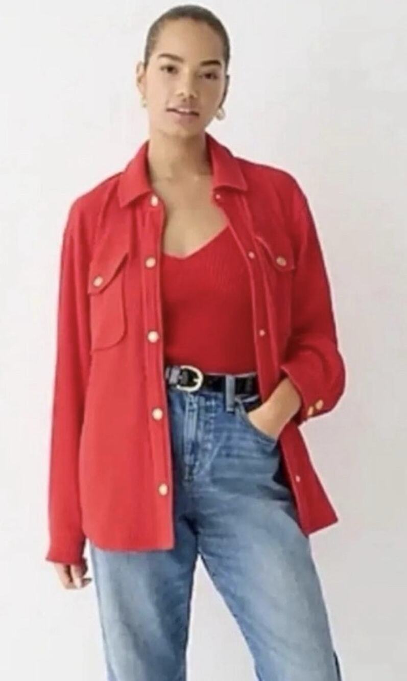 J. Crew Sz XXL 1X Holiday Red Waffle Knit Metal Btn LS Collar Soft Cozy Shacket